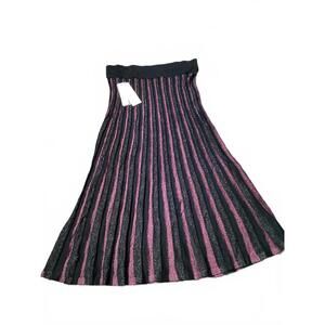 Nanette Lepore Metallic Pleated Skirt Black Pink‎ Striped Midi Women's M NWT